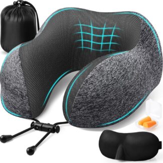 ExploreBliss Travel Pillow, Travel Pillows for Sleeping Airplane, Neck Pillow Airplane, Memory Foam Neck Pillow Set with Eye Mask, Earplugs and Storage Bag -Grey