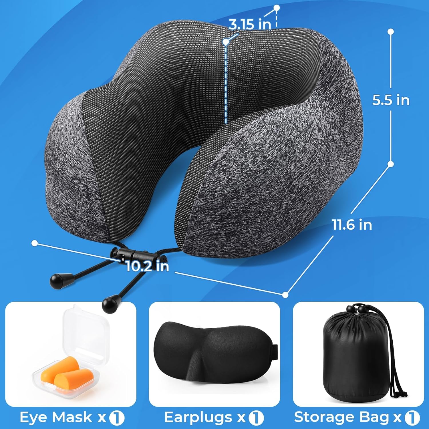 ExploreBliss Travel Pillow, Travel Pillows for Sleeping Airplane, Neck Pillow Airplane, Memory Foam Neck Pillow Set with Eye Mask, Earplugs and Storage Bag -Grey - Image 4