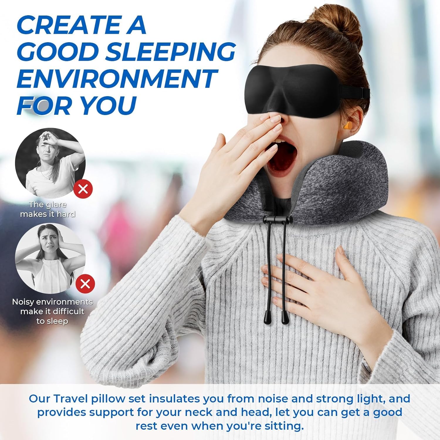 ExploreBliss Travel Pillow, Travel Pillows for Sleeping Airplane, Neck Pillow Airplane, Memory Foam Neck Pillow Set with Eye Mask, Earplugs and Storage Bag -Grey - Image 5