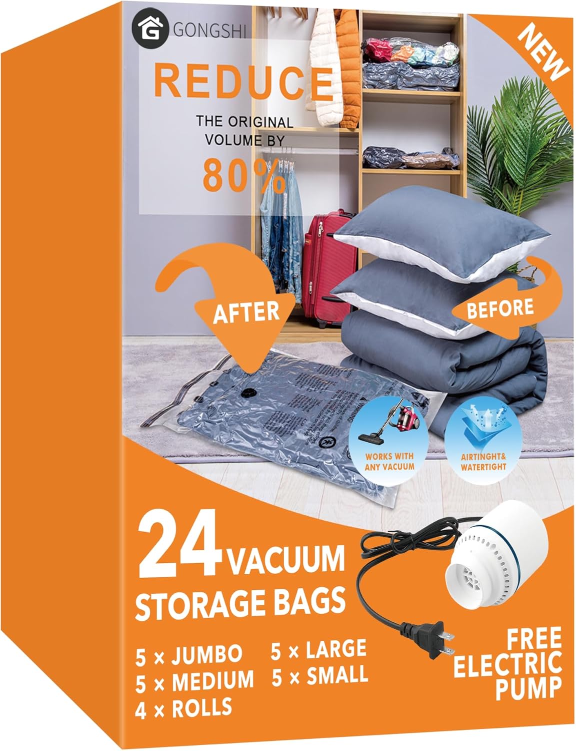GONGSHI Vacuum Storage Bags, Space Saver Seal Bags For Clothing, Travel Luggage,Blankets, Comforters, Pillows, Clothes Storage.12 Combo