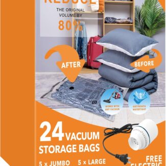 GONGSHI Vacuum Seal Bags for Clothing Travel & Home Storage, Travel Vacuum Bags with Pump,Space Saver for Blankets, Comforters, Pillows, Clothes,24 Combo with Electric Pump